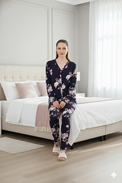 CrazyShopping Women's V-Neck Button down Long Sleeve Pajama Set-Navy Floral Print