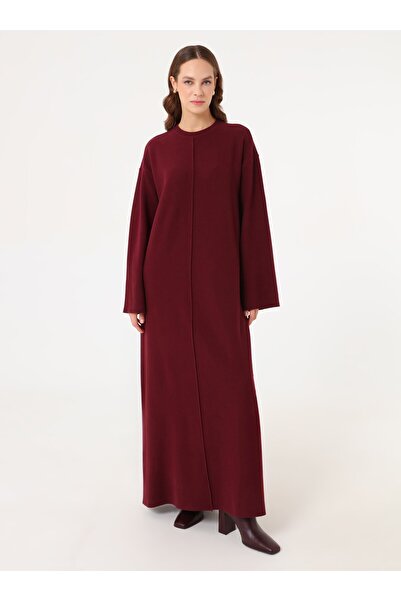 Benin Soft Buttoned Stitching Detailed Hijab Dress - Burgundy -