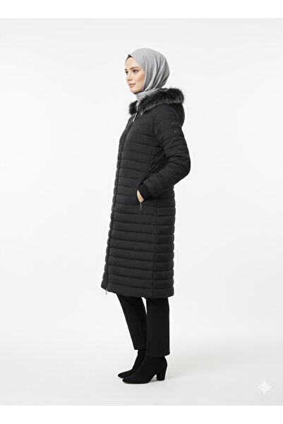 QUBERZ Women's Quilted Long Coat Hooded with Fur Detail – Black