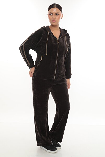 EXİTLİNE Women's Winter Accessorized Zippered Hooded Thick Corded Fabric Brown Velvet Tracksuit Set
