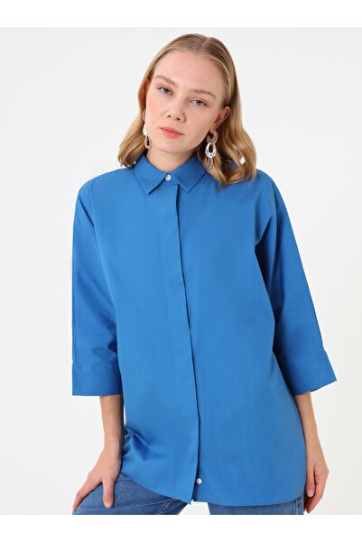 Refka Cotton Fabric Hidden Button Blouse / Shirt - Indigo - Exclusive