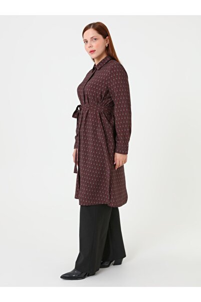 ALİA Patterned Belted Plus Size Tunic - Burgundy -