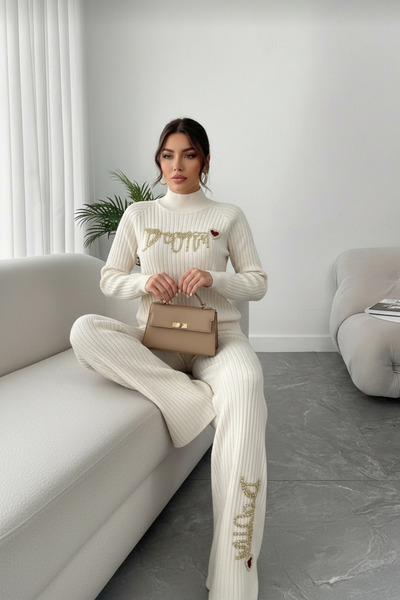 NEWCO Corded Fabric Textured Pearl Embroidered Finger-Threaded Half-Turtleneck Knitwear Two-Piece Suit