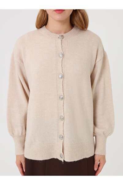 Benin Πλεκτή ζακέτα με λεπτομέρεια με κουμπιά και μανίκια μπαλόνι - Χρώμα πέτρας -