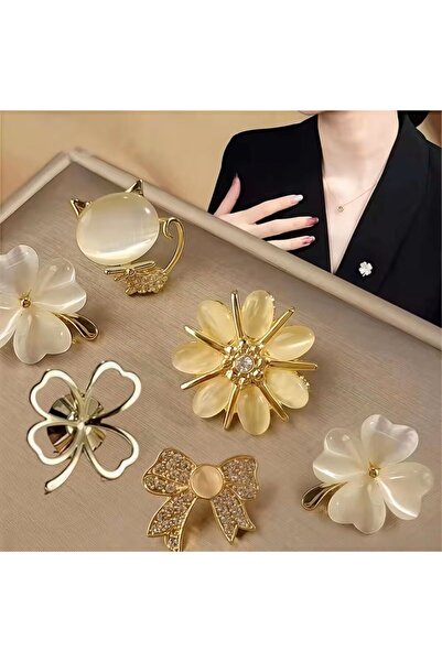 HISCOSMETIC 6 Adet Yaka İğnesi-Broş-Kedi Gözü-Çiçek-Kurdela-Yonca Modeller