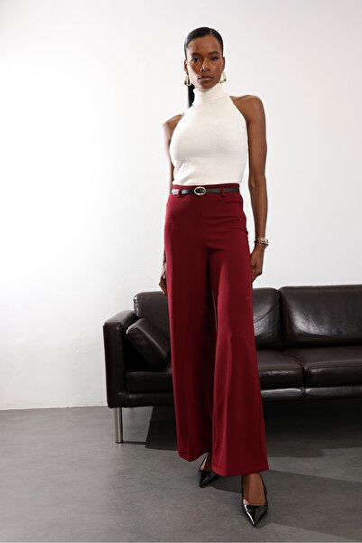 5in1Canpolat Burgundy Belted Stretch Fabric Palazzo Pants 9150