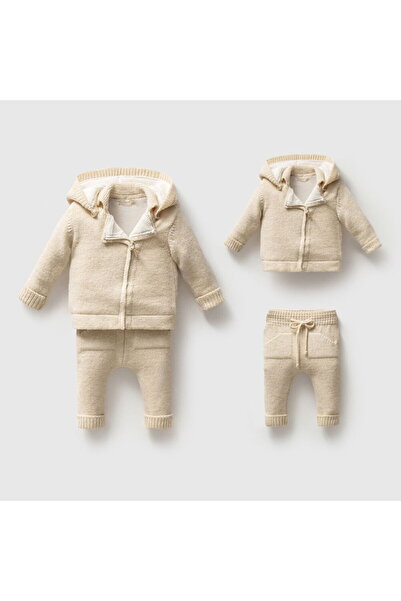 Nipperland 8349N Erkek Bebek Triko Fermuarlı Hırkalı 2'li Naturel Yün Takım