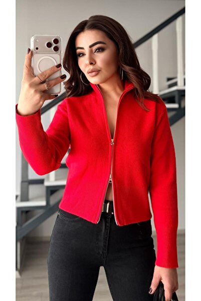 Oslove Red Double Zipper Steel Knitwear Cardigan