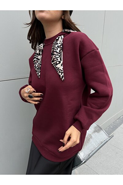 minaaise Γυναικεία μπλούζα με λεπτομέρεια σάλι μπορντό λεοπάρ oversized 30096