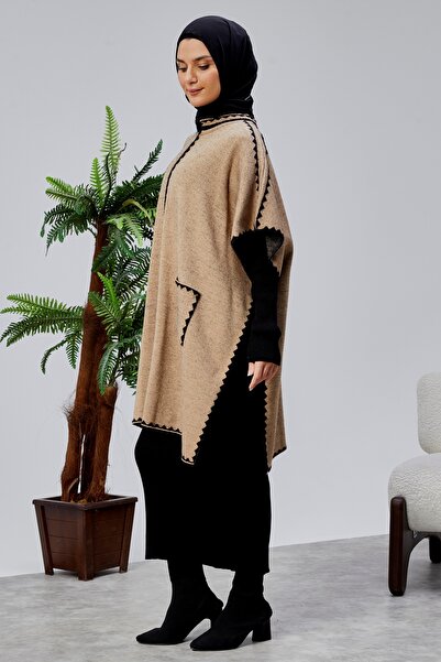 CNR TEKSTİL Beard Mixed Patterned Knitted Poncho