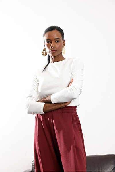 5in1Canpolat Ecru Long Sleeve Basic T-Shirt 1103