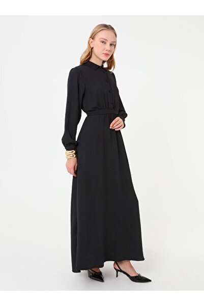 Refka Gathered Waist Classic Buttoned Hijab Dress - Black -