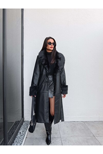 ESRAHELVACI Δερμάτινο μπουφάν με λεπτομέρεια από γούνα και ζώνη