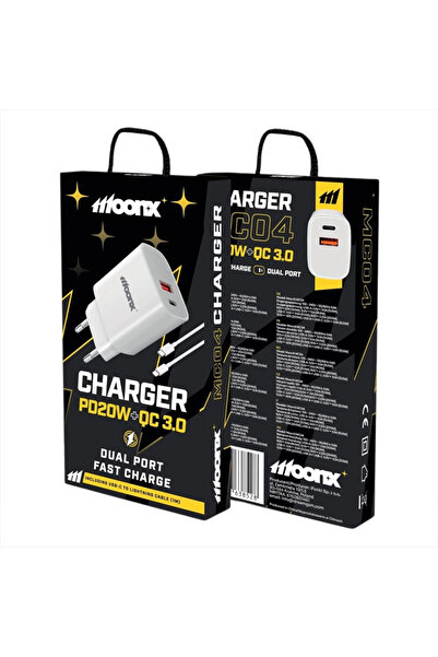 moonx Incarcator priza MC04 PD20W 1xUsb-C+1Usb QC3.0 + cablu Usb-C/Lighning White