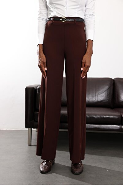 5in1Canpolat Brown Belted Stretch Fabric Palazzo Pants 9150