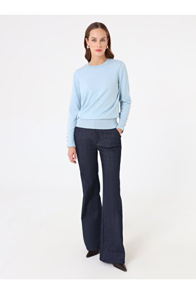 Refka Basic Knitwear Sweater with Soft Buttons and Gold Button Detail - Light Blue -