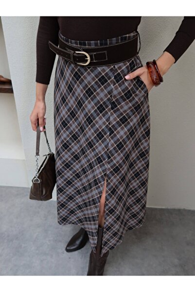 ESRAHELVACI Belted Plaid Long Skirt