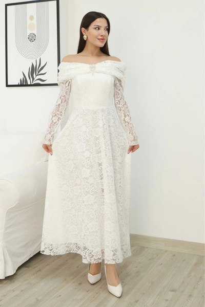 lodmela Βραδινό φόρεμα με δαντέλα Magic of Love 6055-Λευκό