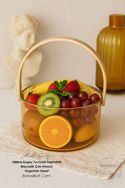 Anadolu Saray 1800ml Round Portable Fruit Bowl with Handle Multi-Purpose Organizer Basket – Honey Color