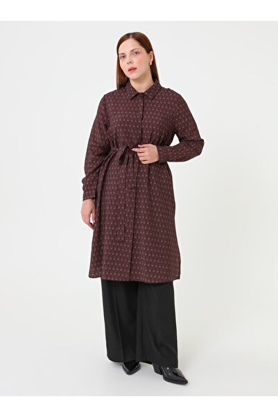 ALİA Patterned Belted Plus Size Tunic - Burgundy -