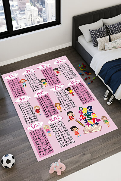 Kessy Home Studio Pudra Çarpım Tablosu Temalı Kız Çocuk Oda Halısı Makinede Yıkanabilir Kaymaz Halı Çocuk Halısı 2
