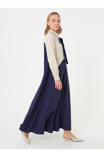Refka Φόρεμα Hijab με λεπτομέρεια φιόγκου με αντίθεση - Ναυτικό μπλε - Πέτρα -