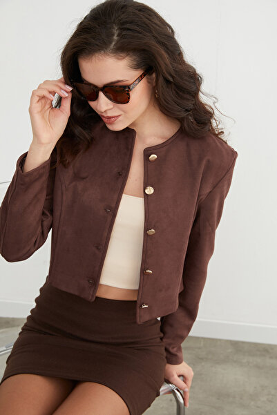 Fulla Moda Buttoned Suede Crop Jacket