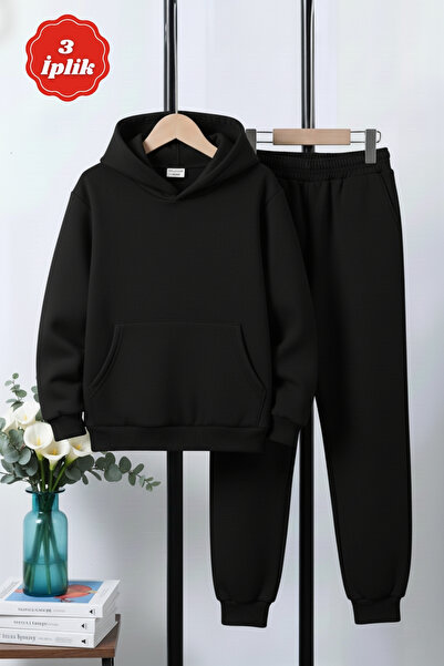 YA KO KİDS 3 İplik Şardonlu Kışlık Kanguru Cepli Kapüşonlu Düz Baskısız Erkek...