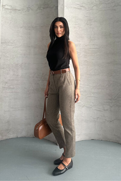 macharel jeans Γυναικείο παντελόνι με στάμπα με στενό πόδι με τσέπες και ζώνη