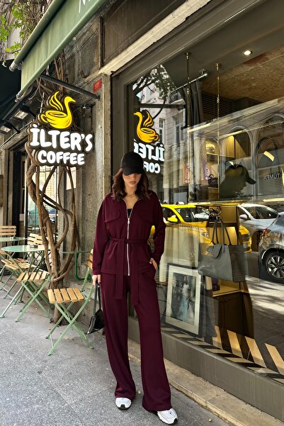 BEJNA Women's Belted Soft Modal Textured Top and Bottom Set