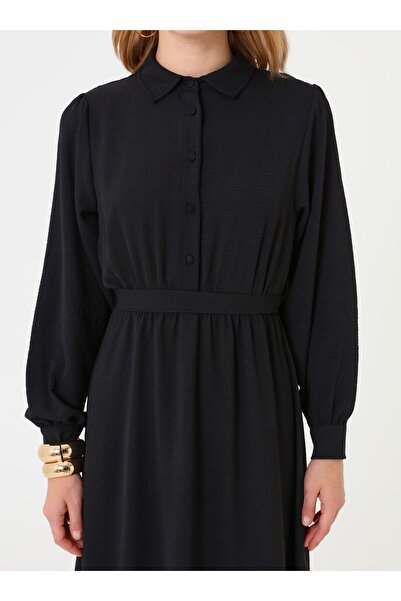 Refka Gathered Waist Classic Buttoned Hijab Dress - Black -