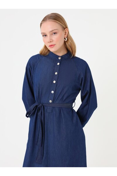 Refka Rochie hijab cu mâneci raglan din denim - Albastru închis -