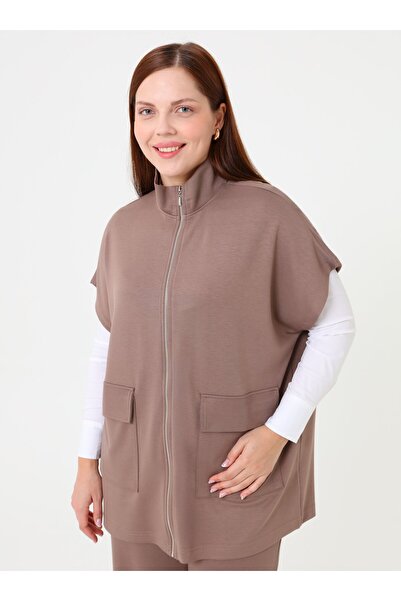 ALİA Zippered Short Sleeve Vest Detailed Plus Size Suit - Mink -