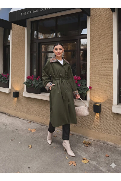 cemo Women's Long Trench Coat with Plaid Cuff Detail and Lace-Up Belt