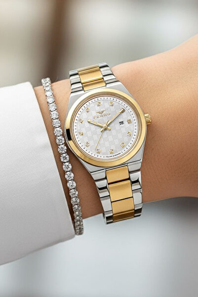 FERRO Yeni Model Çelik Bilezik Altın/Metalik Beyaz Kadran Kadın Kol Saati + Bileklik Hediyeli