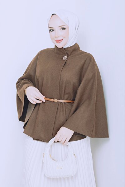 MODA ESRE FASHION Belt Detailled Brow Poncho with Mink Gold Buckle and Belt