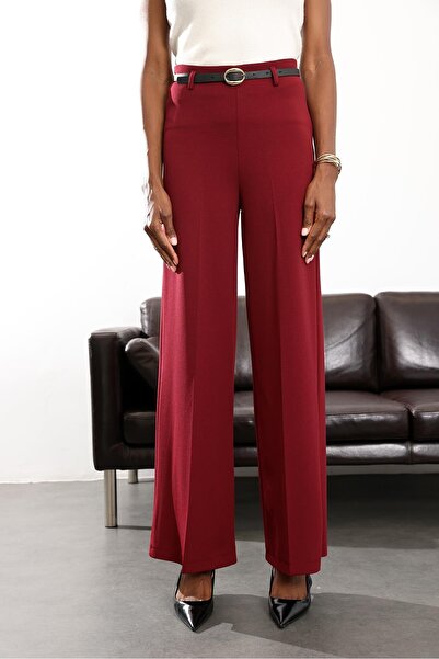 5in1Canpolat Burgundy Belted Stretch Fabric Palazzo Pants 9150