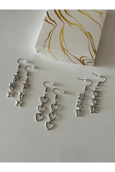 H&T acsessories Özel Tasarım Sallantılı 3lü Gümüş Küpe Seti