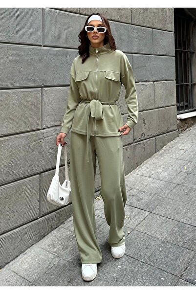 BEJNA Women's Belted Soft Modal Textured Top and Bottom Set