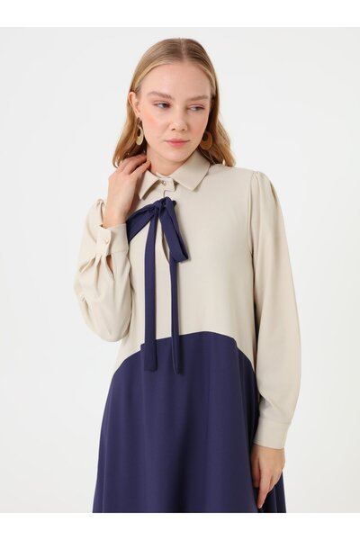 Refka Φόρεμα Hijab με λεπτομέρεια φιόγκου με αντίθεση - Ναυτικό μπλε - Πέτρα -