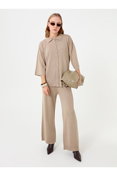 Refka Soft Buttoned Polo Neck Knitwear Set - Light Mink -