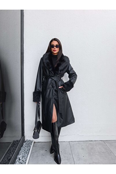 ESRAHELVACI Δερμάτινο μπουφάν με λεπτομέρεια από γούνα και ζώνη