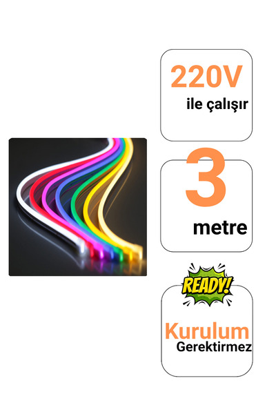 Ema Dükkan 220V RGB Neon Led Set 3 Metre Kumandalı IP65 8x15mm Esnek Şerit Dış Mekan Dekor Aydınlatma
