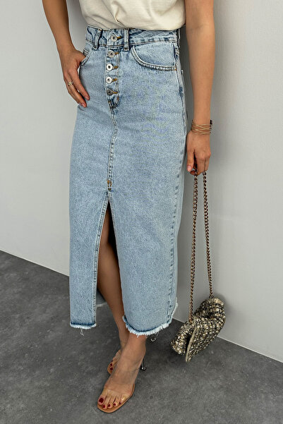 Leina Midi Slit Detailed Denim Skirt