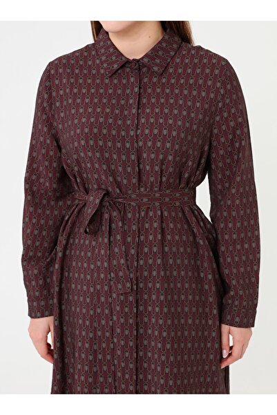 ALİA Patterned Belted Plus Size Tunic - Burgundy -