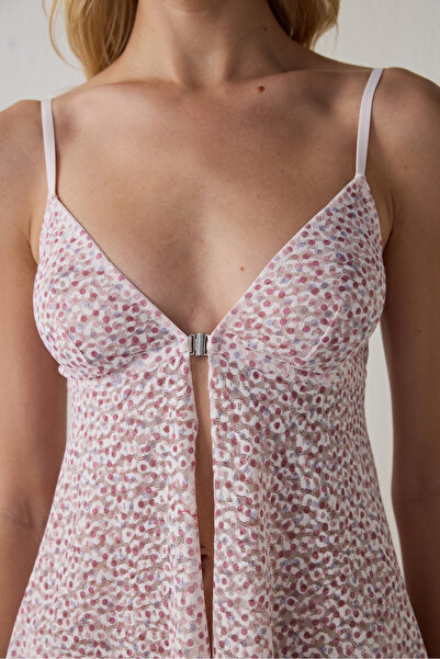 Penti Pink Printed Lace Front Opening Top