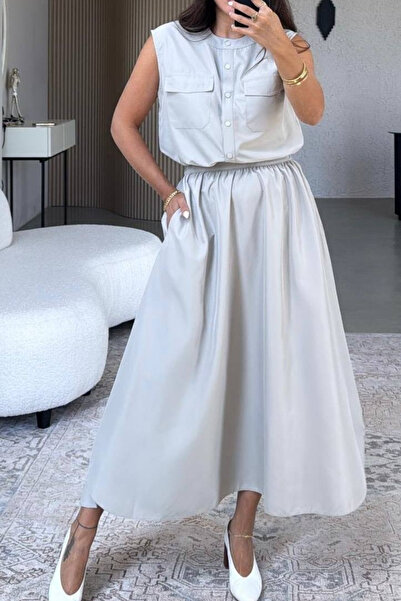 Qualia Butik Women's Stone Color Parachute Fabric Vest Skirt Set