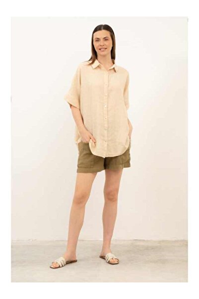 İpekçi Otantik Pure Linen Short Sleeve Oversize Shirt Beige