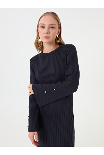 Refka Elegant Button Detailed Knitwear Hijab Dress - Navy Blue -