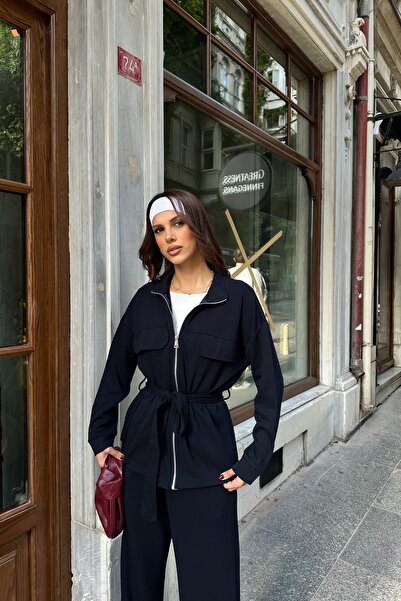 BEJNA Women's Belted Soft Modal Textured Top and Bottom Set